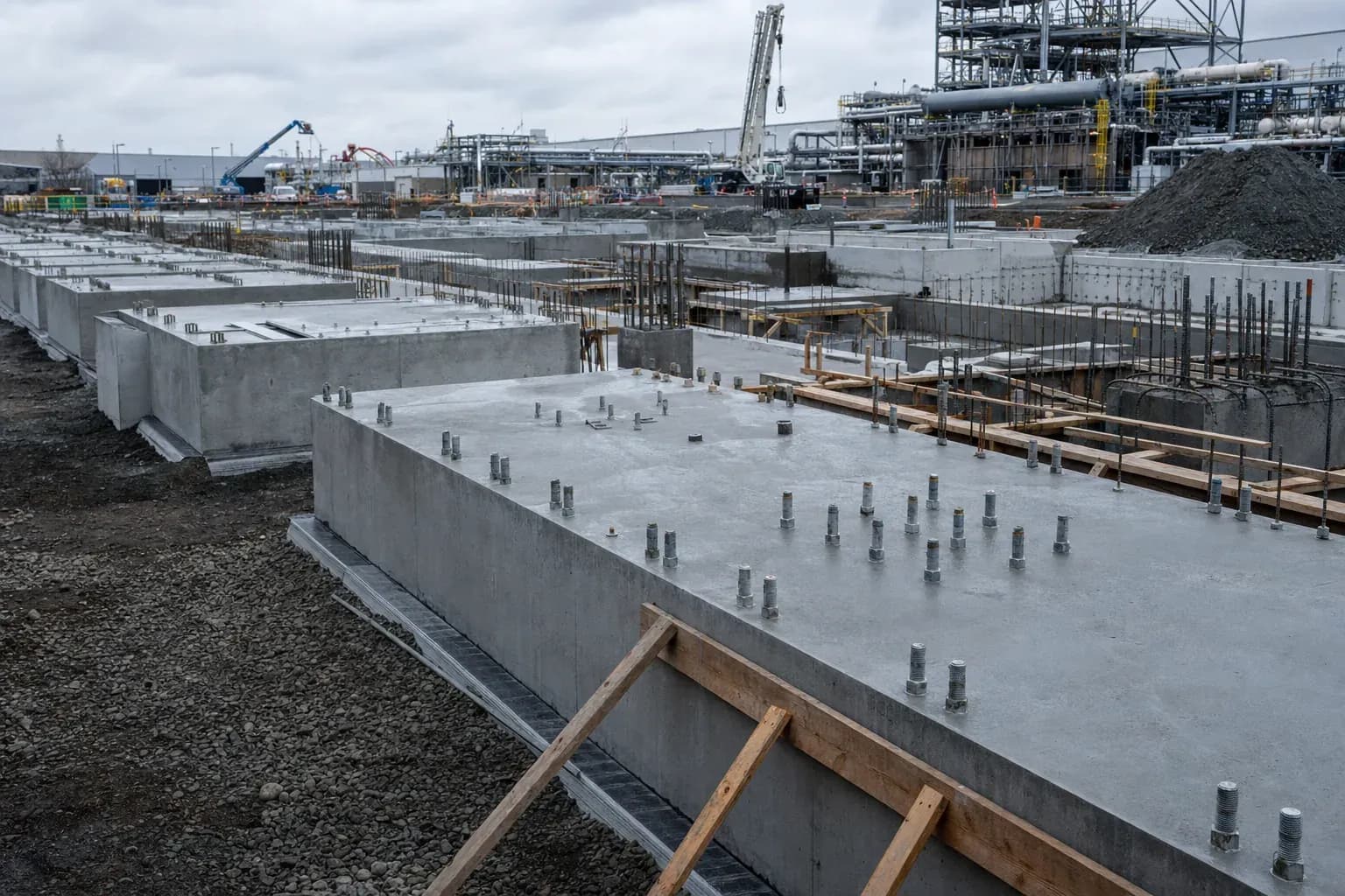Reinforced concrete foundations and anchor bolts on a plant site