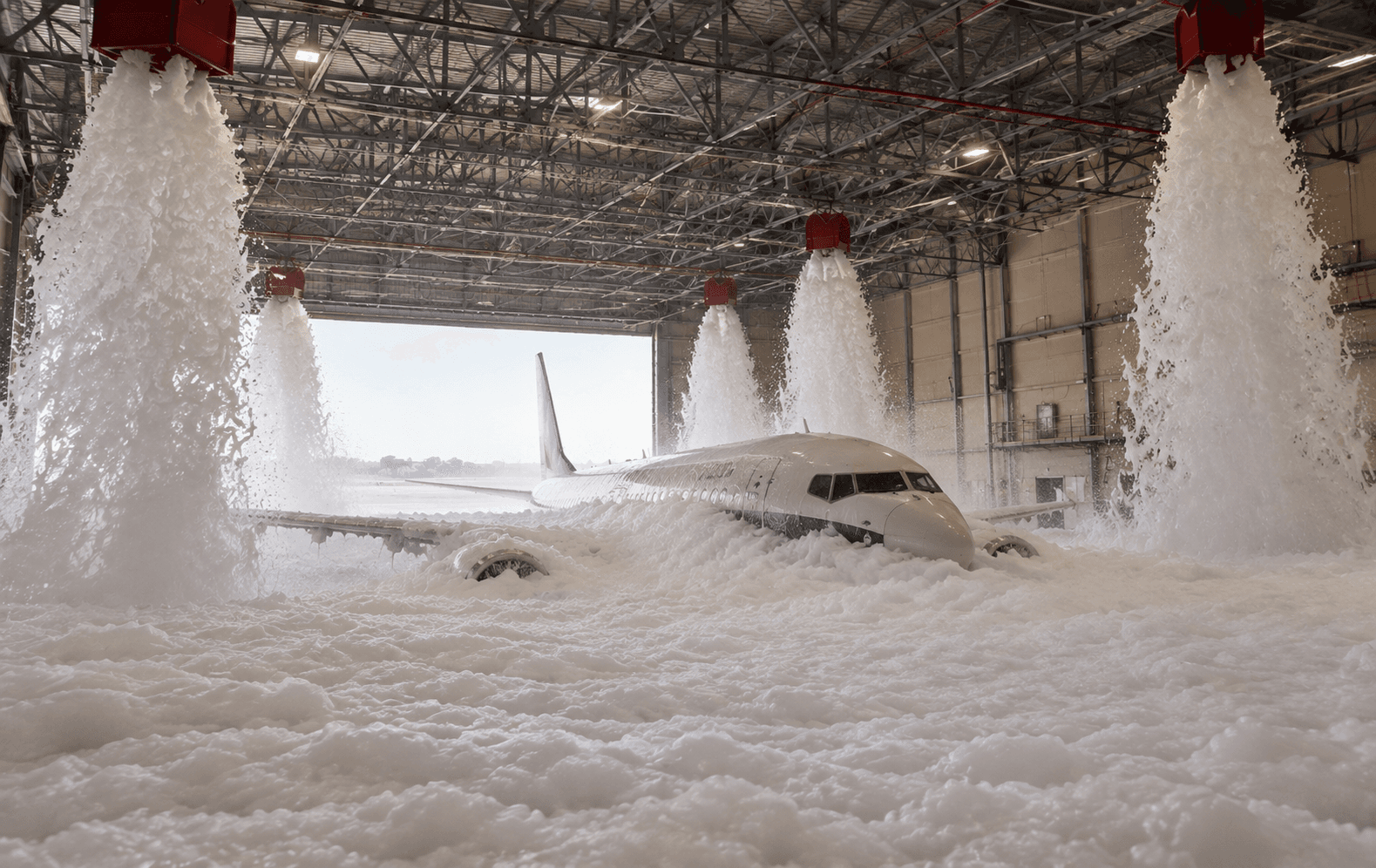 Aircraft hangar foam system discharge test
