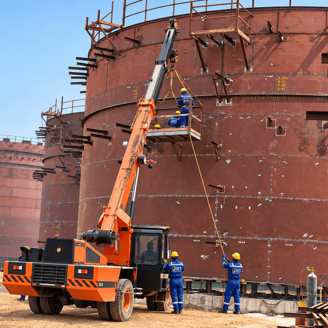 Crane and crew working on a storage tank shell under construction