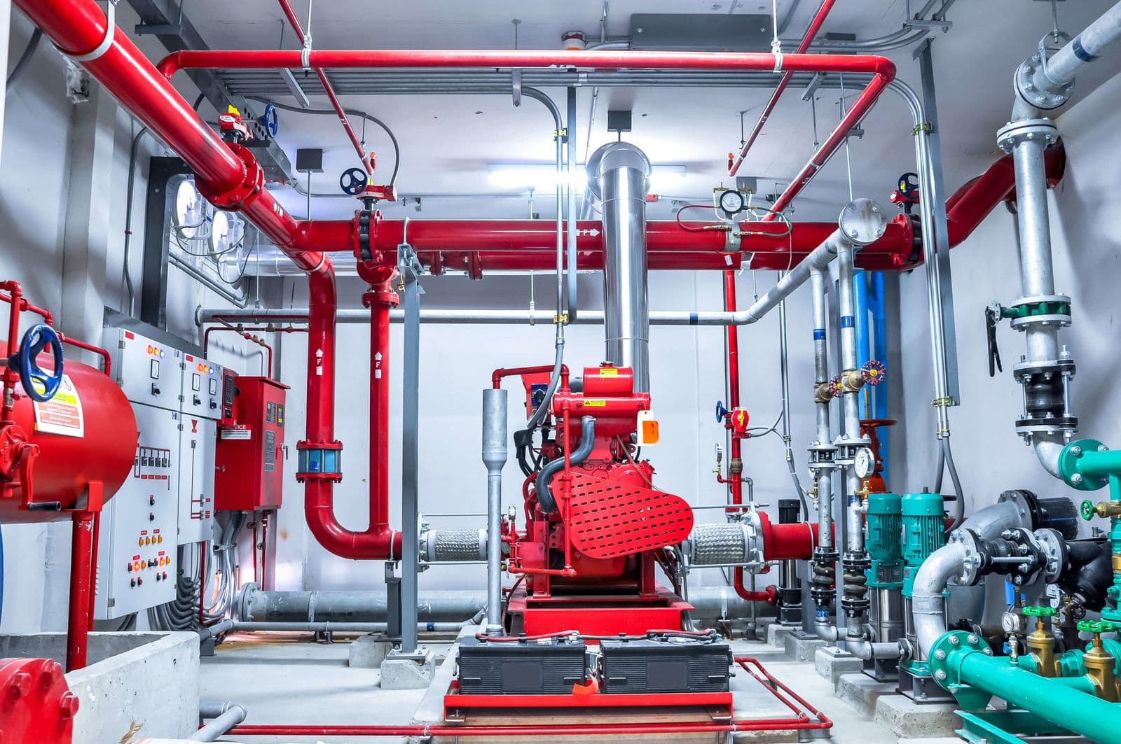 Fire pump room pipework and valve sets