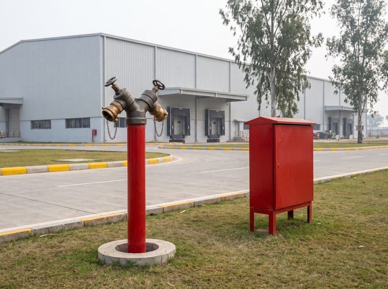Stand-post hydrant and hose box beside a paint factory road