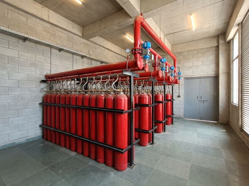 Inert gas cylinder banks with discharge manifold and selector valves in a cylinder room
