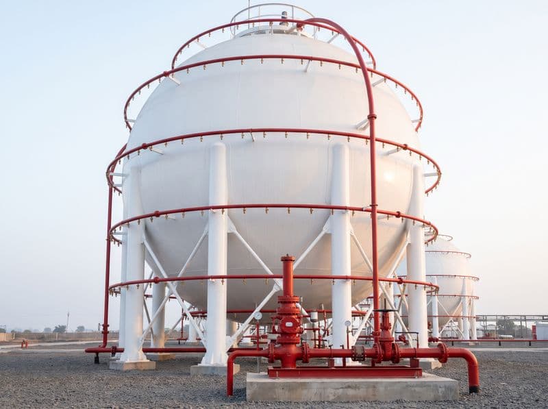 LPG Horton sphere with water spray ring headers and a deluge valve station