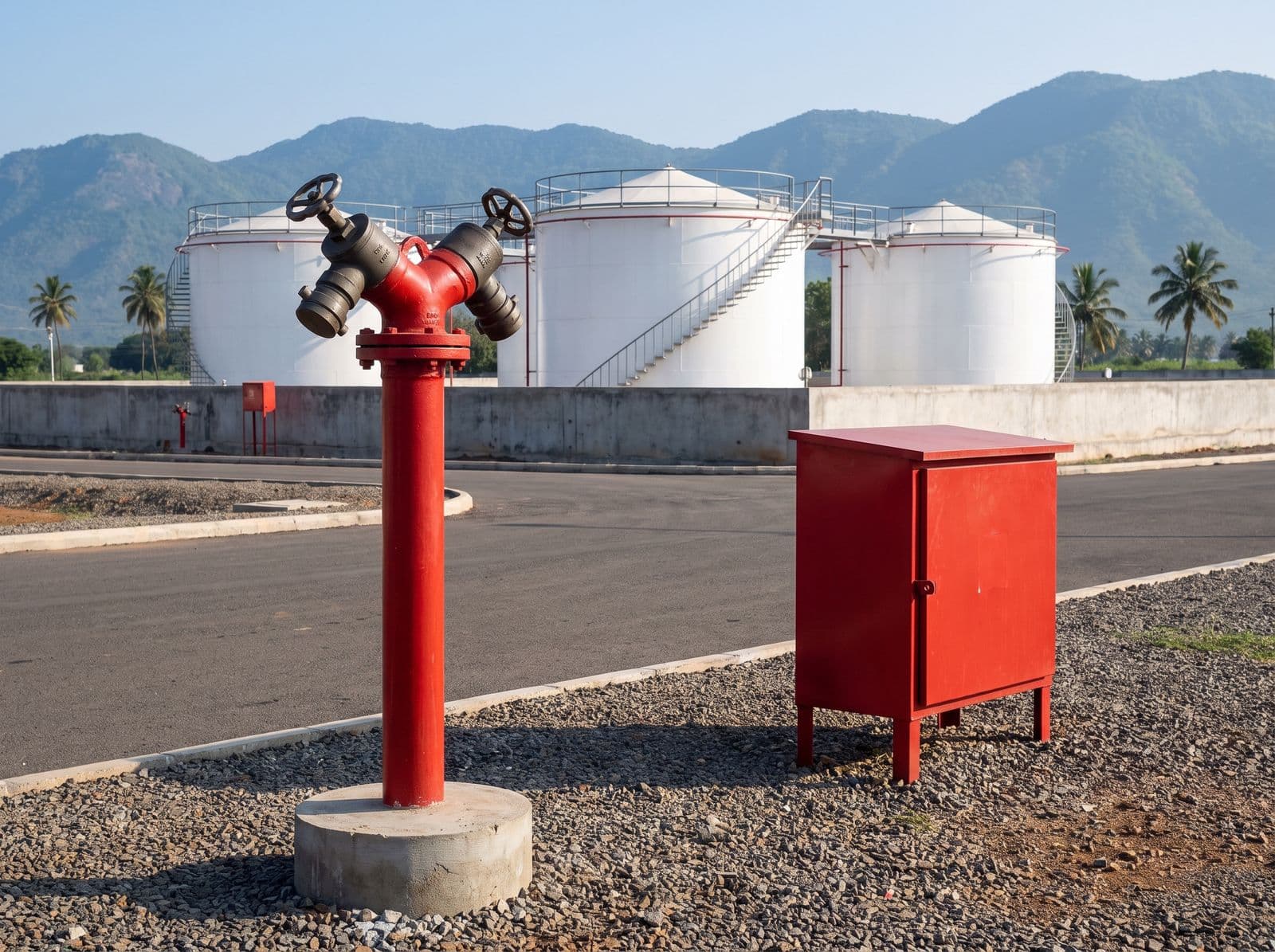 Stand-post hydrant and hose box beside a depot road with cone-roof tanks and hills behind