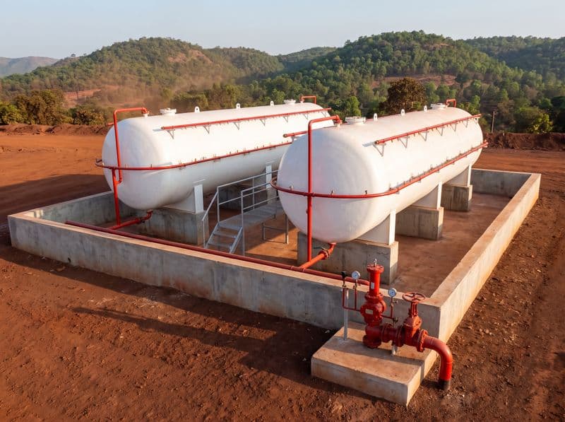 Diesel storage tanks at an iron ore mine with water spray headers and a deluge valve station