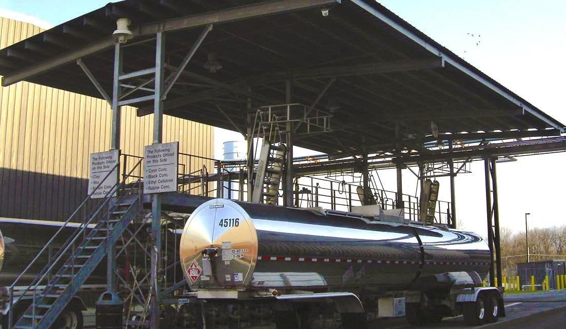 Road tanker at a top-loading rack