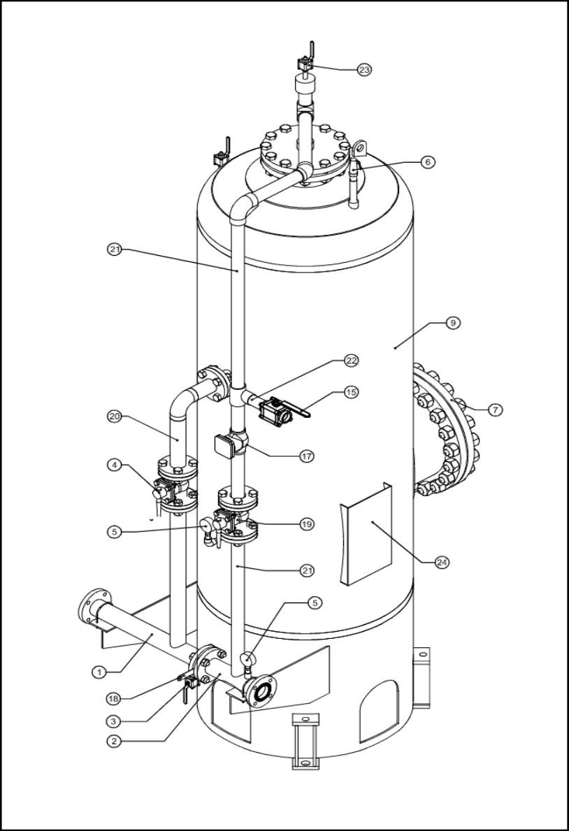 Isometric drawing of a vertical foam bladder tank