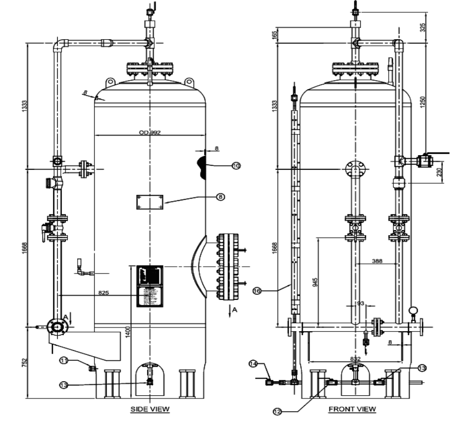 General arrangement of a vertical bladder tank with a single ratio controller