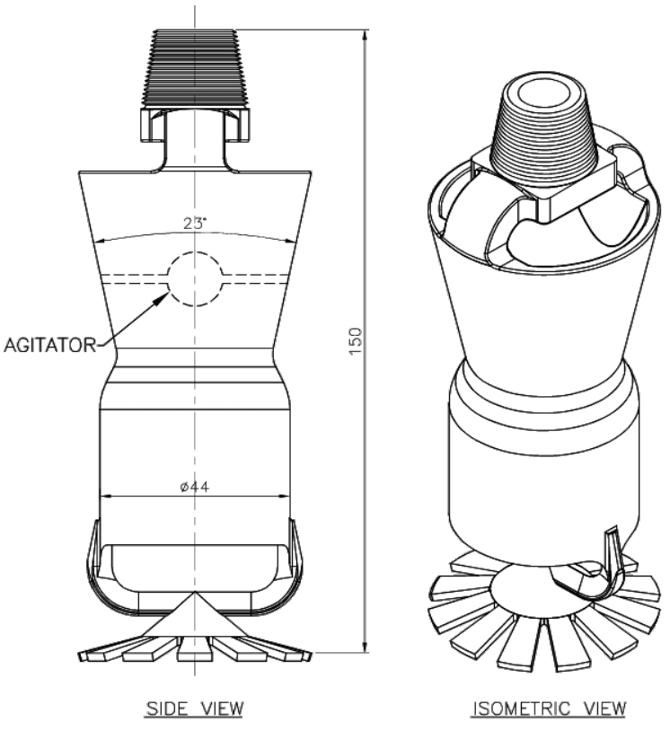 Side and isometric views of the foam-water sprinkler