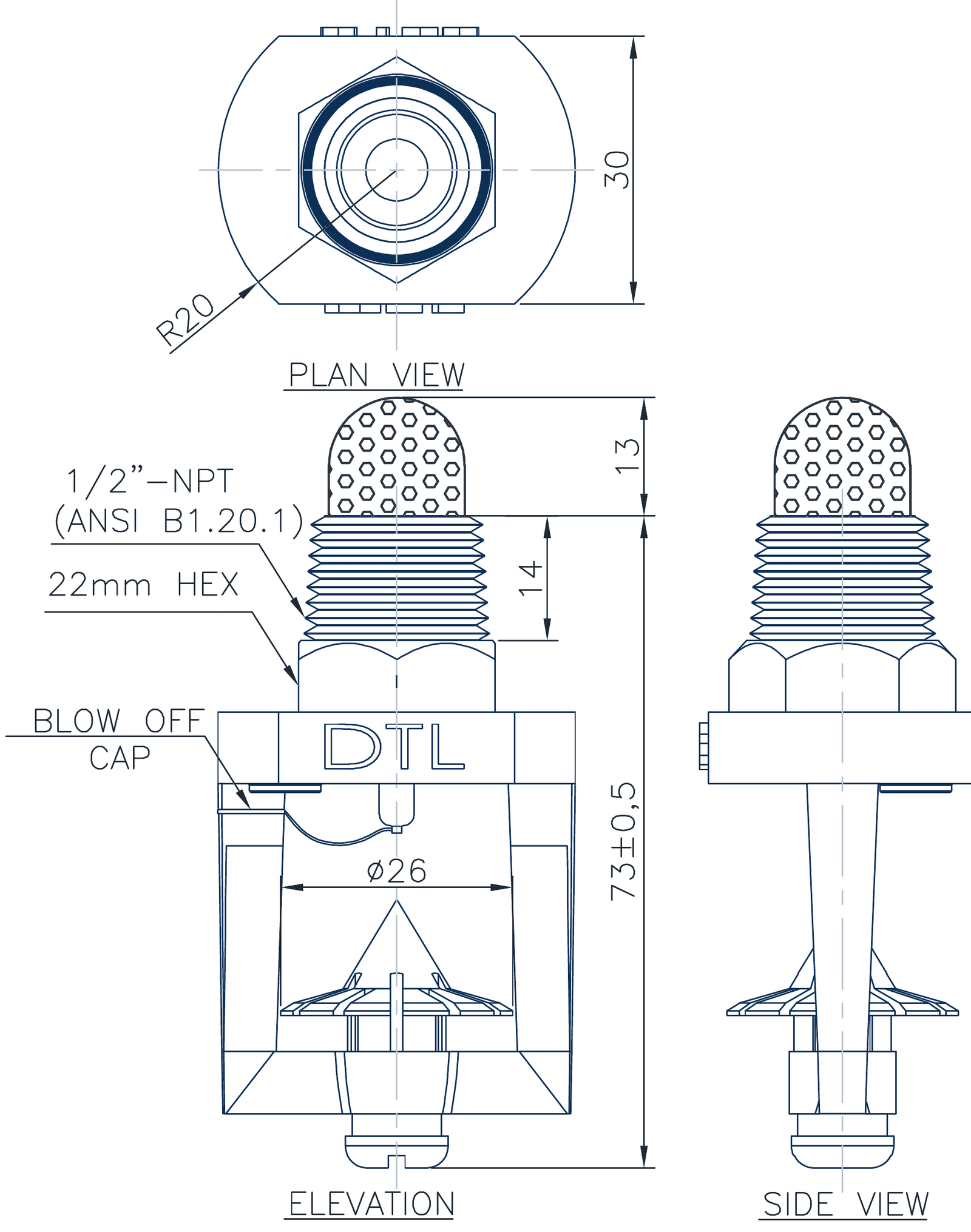 Plan, elevation and side view with strainer and blow-off cap