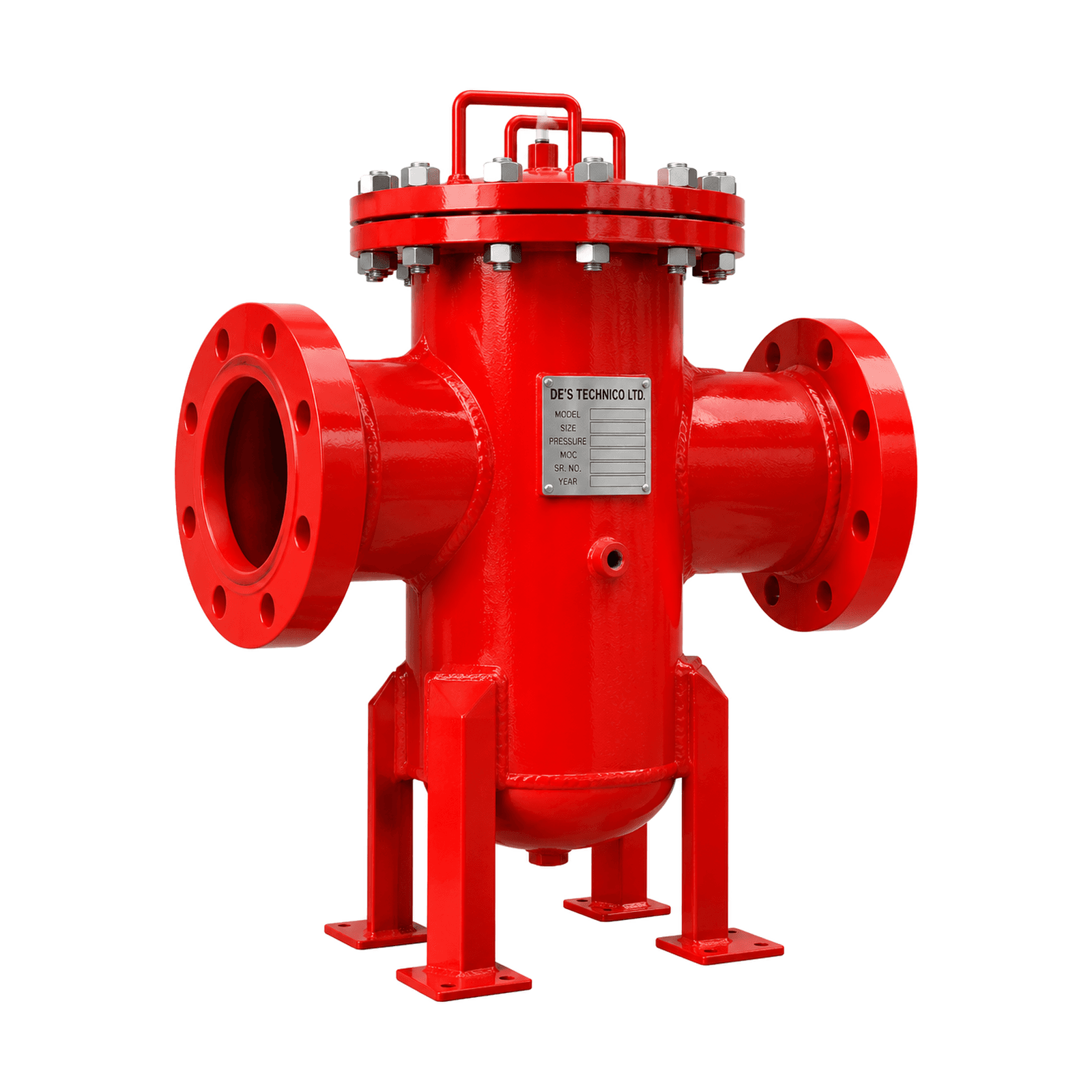 Fabricated basket strainer with De’s Technico nameplate
