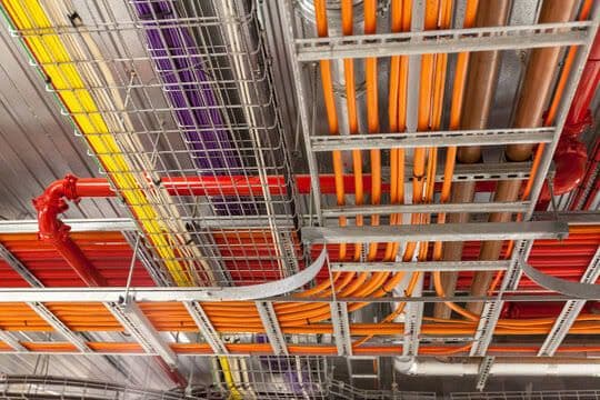 Coloured cable trays under a ceiling