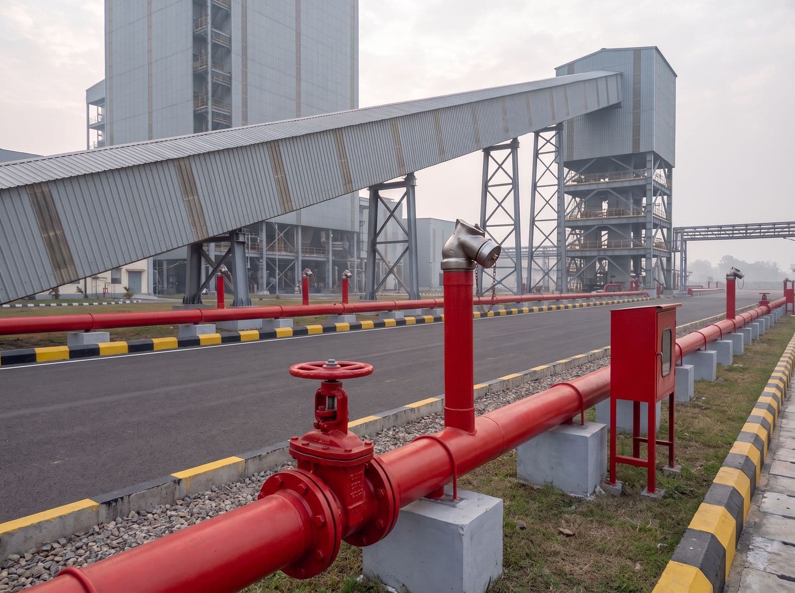 Overground hydrant main with an isolation valve beneath a coal conveyor gallery
