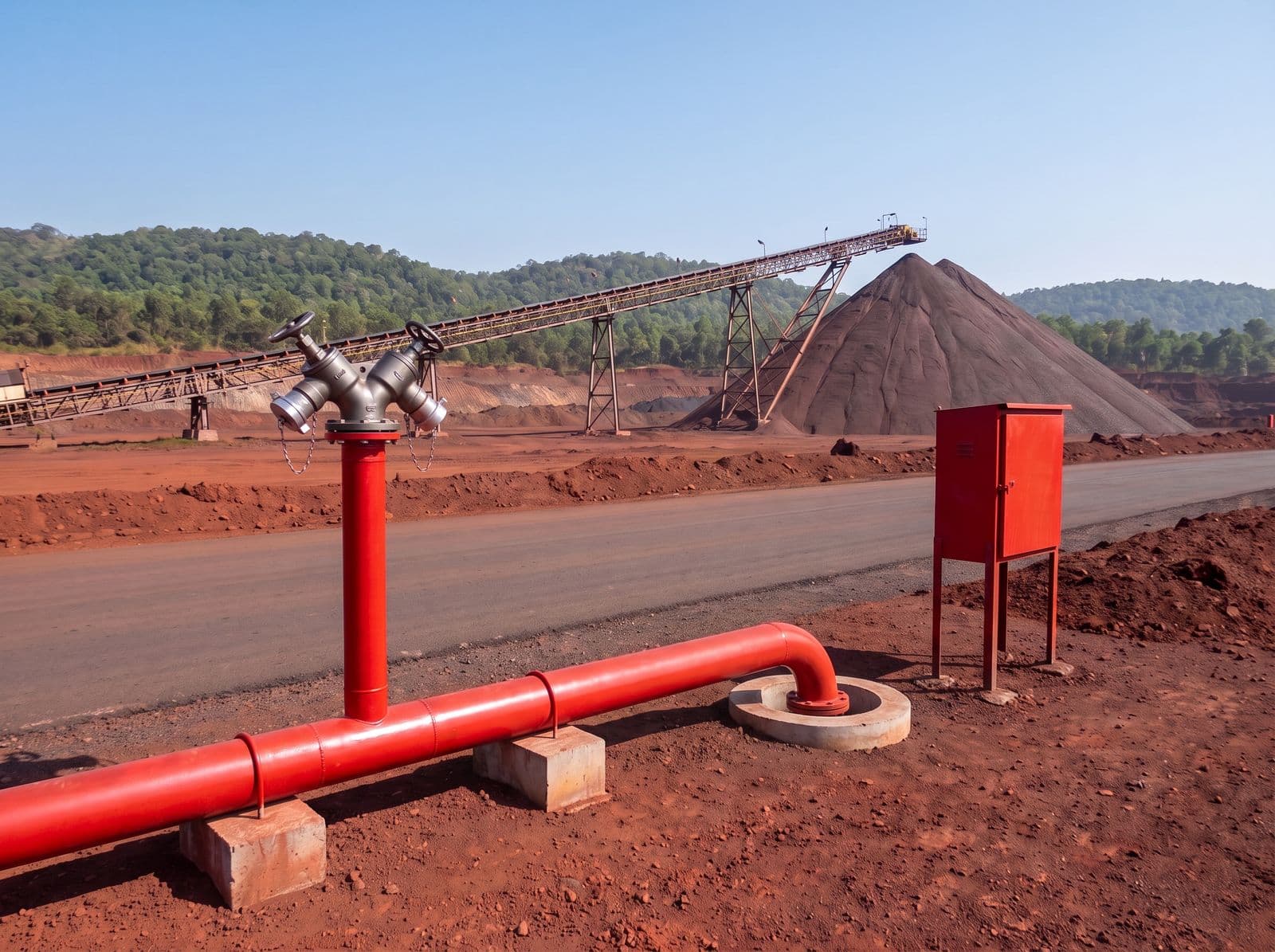 Stand-post hydrant with a double-headed landing valve and hose box beside an iron ore mine road