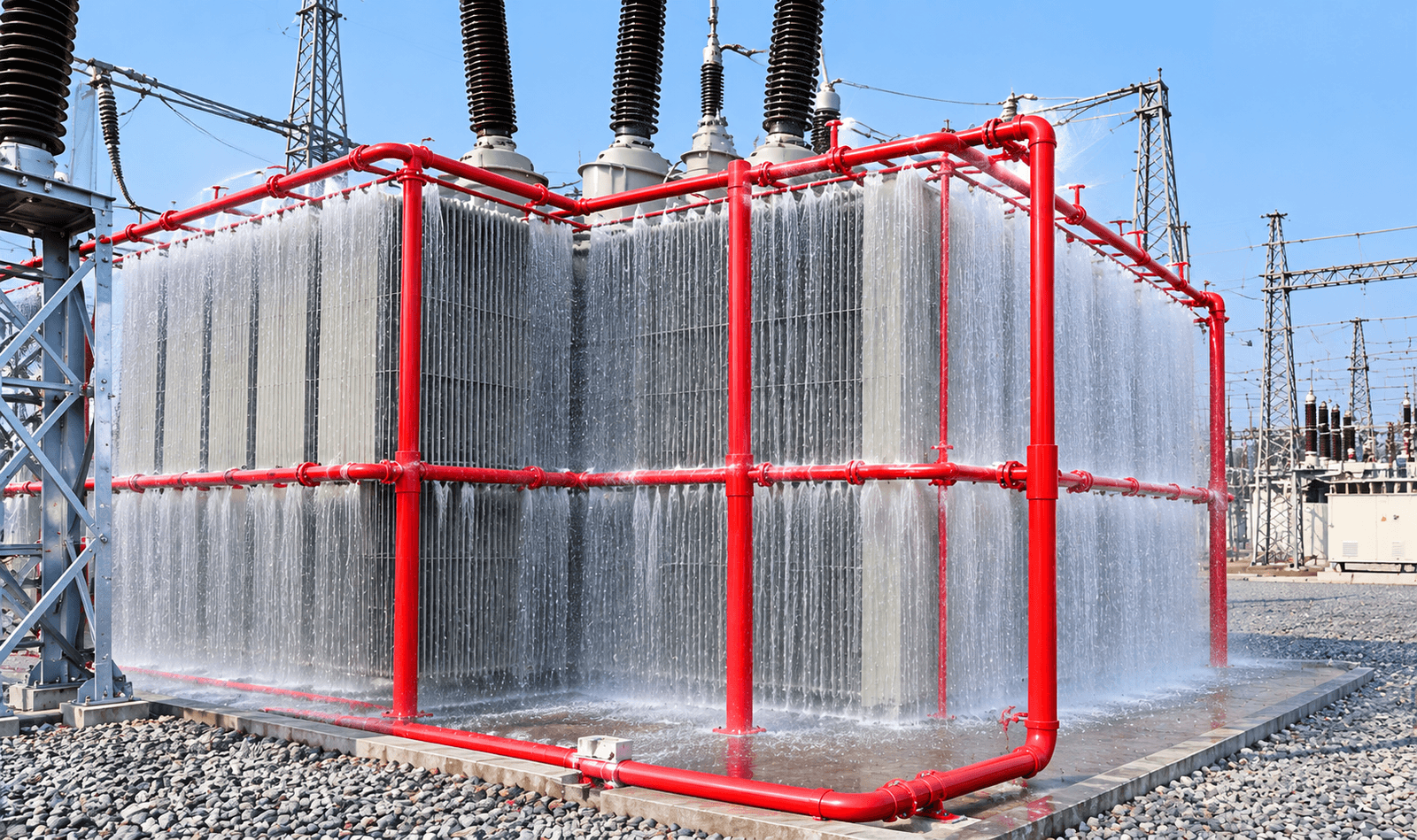 Water curtain discharging around a transformer
